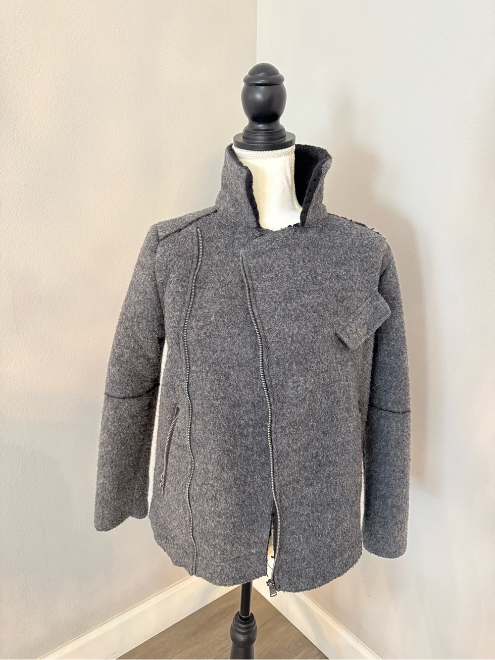 Zara Kids Charcoal Grey Asymmetric Wool-Blend Pea Coat